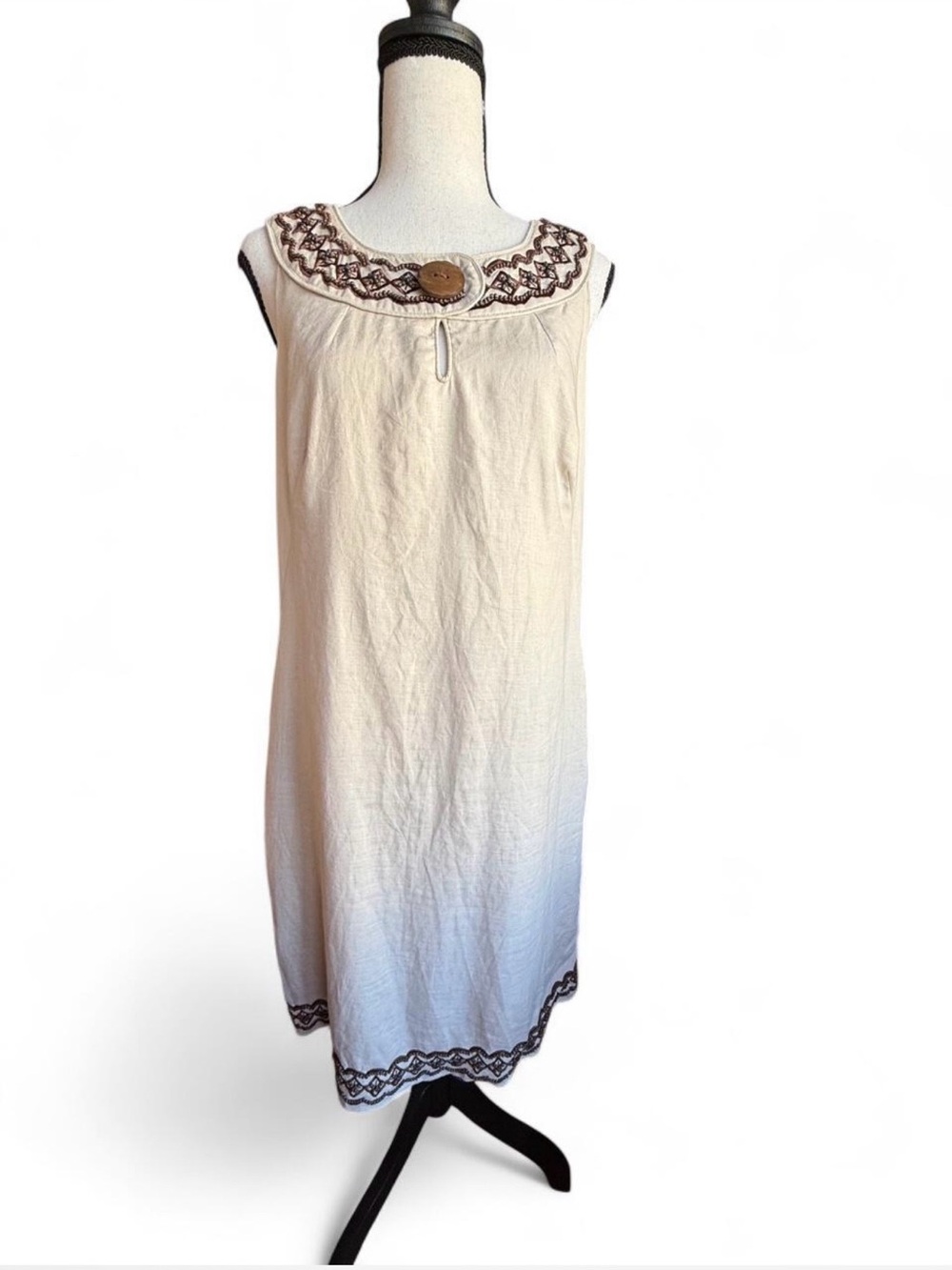 Carole Little Linen Embroidered Beaded Shift Dress Size 10 Boho Festival Cream